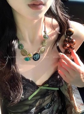 波西米亚风叠戴绿色蝴蝶圆片项链女复古民族风vintage锁骨链颈链