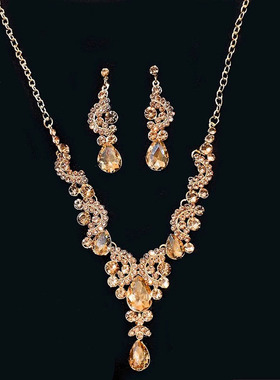 轻奢贵气感香槟色镶钻项链耳环套装2025新款女新娘礼服锁骨链配饰