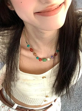 新中式民族风彩色琉璃串珠项链女夏日多巴胺小众复古配饰锁骨颈链