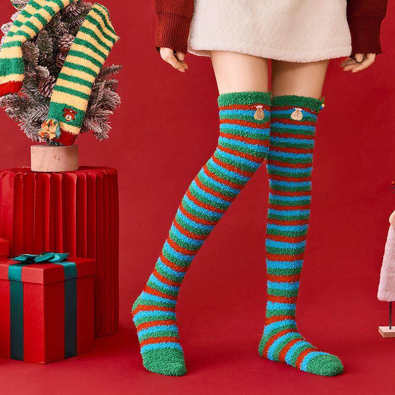 圣诞过膝袜子女珊瑚绒加绒加厚长筒居家睡眠袜卡通可爱护腿地板袜,淘宝优惠券,粉丝福利购,淘宝优惠卷