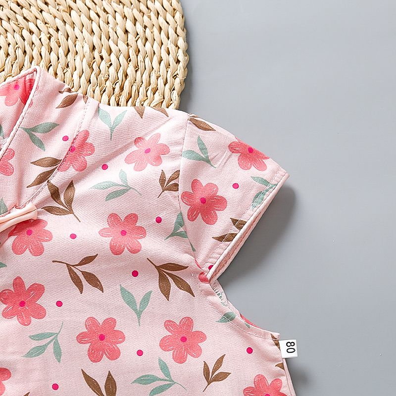 女童旗袍连衣裙夏装六一新款儿童中式裙子国风公主裙宝宝粉色小花 - 图0