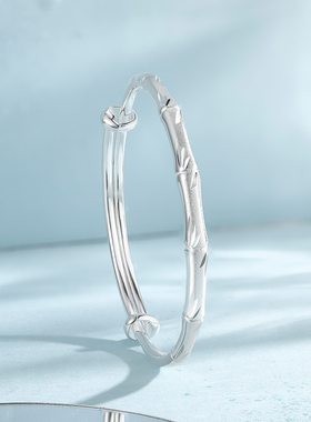 周六福足纯银S999竹节银手镯女节节高升亮面活口可调节送女友礼物