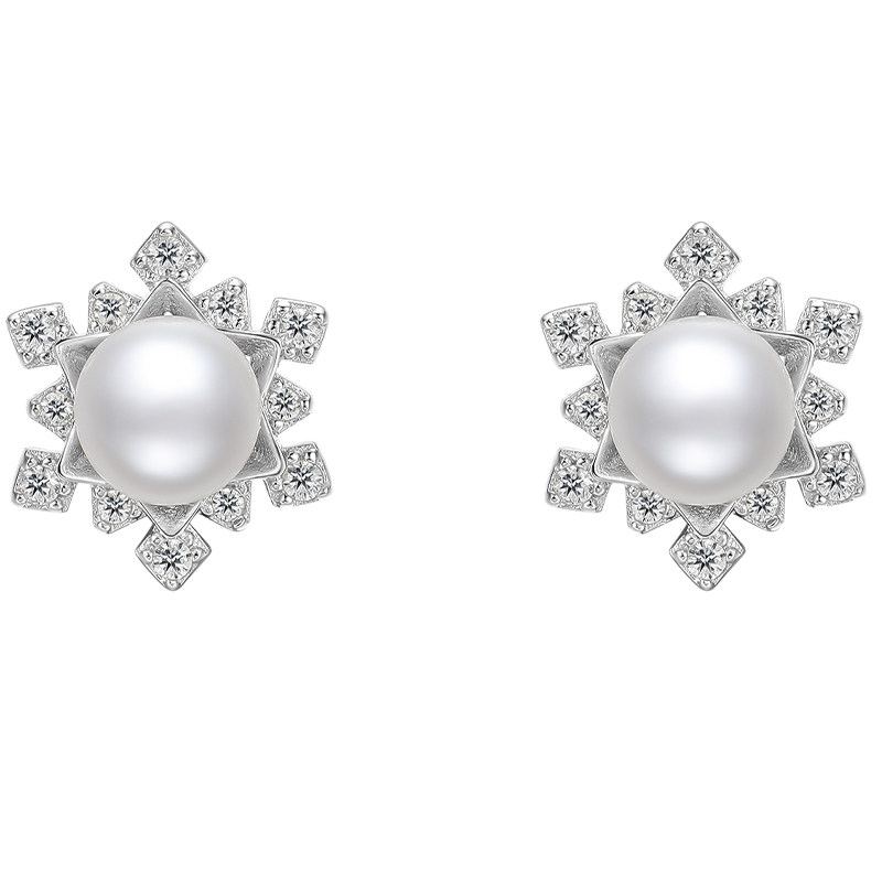 周六福S925纯银珍珠耳饰女冬日恋歌法式优雅雪花耳钉送女友礼物,淘宝优惠券,粉丝福利购,淘宝优惠卷