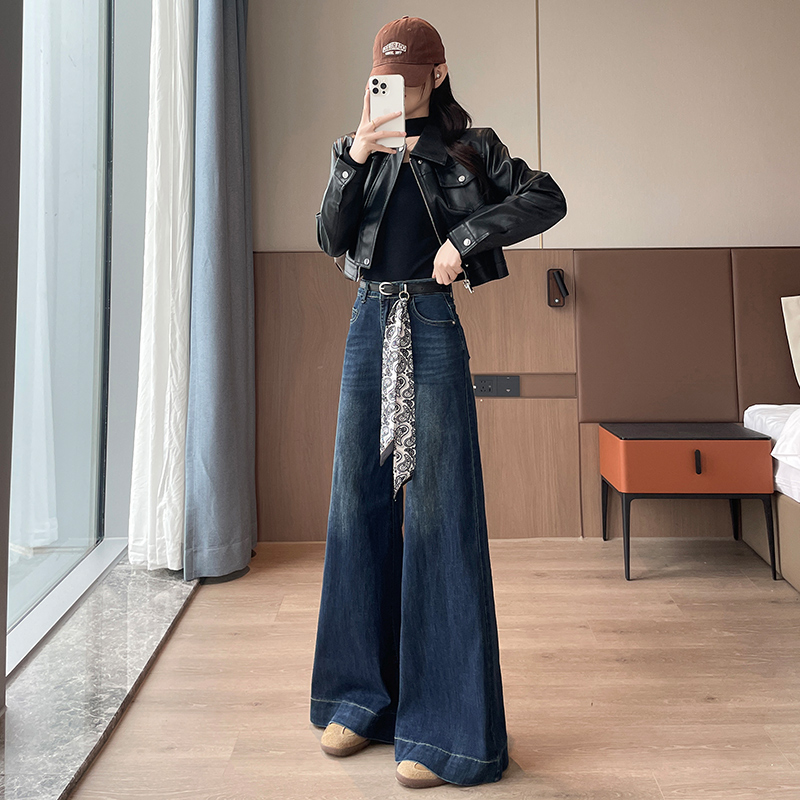 复古蓝高腰阔腿喇叭牛仔裤女2025秋季新款显瘦宽松时尚潮流拖地裤 - 图2