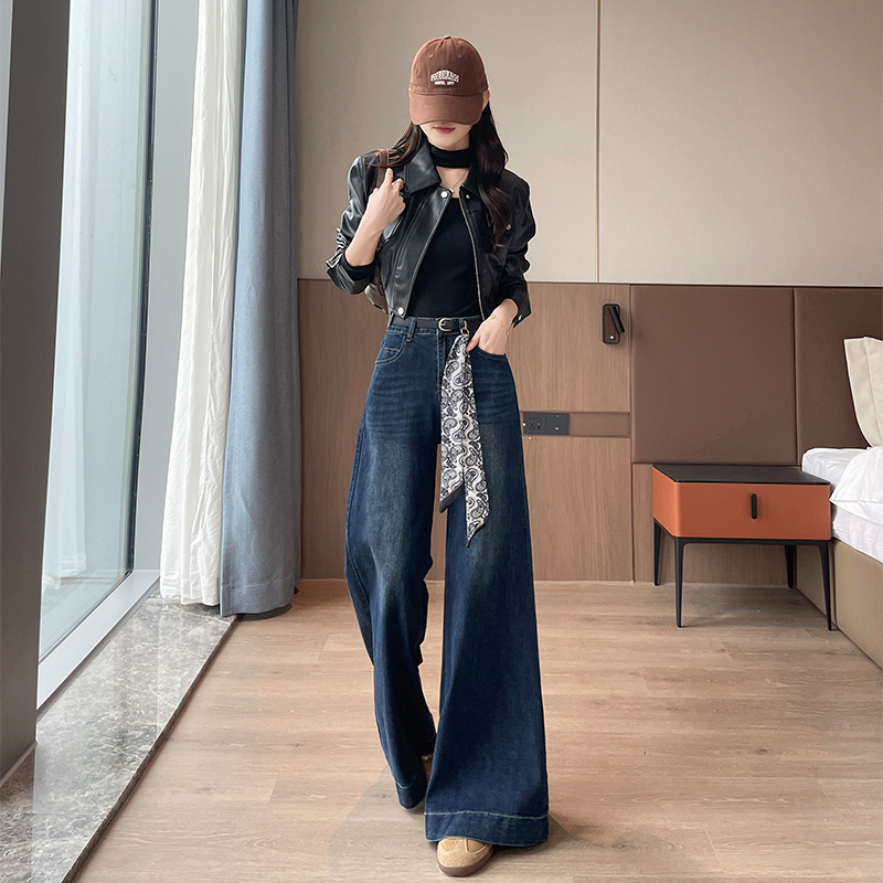 复古蓝高腰阔腿喇叭牛仔裤女2025秋季新款显瘦宽松时尚潮流拖地裤 - 图0