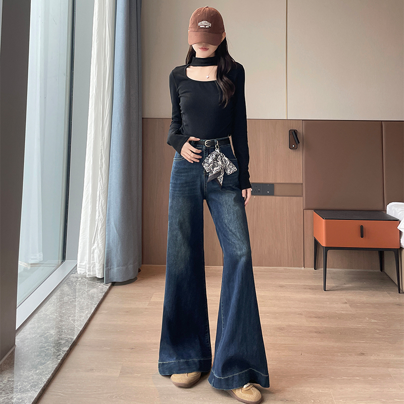 复古蓝高腰阔腿喇叭牛仔裤女2025秋季新款显瘦宽松时尚潮流拖地裤 - 图1