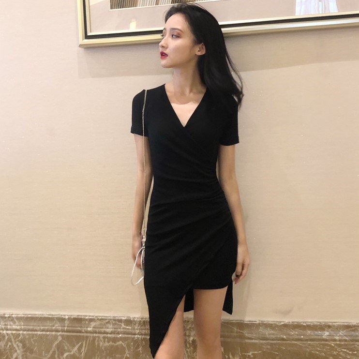 领短袖连衣裙女装 V 春季新款修身显瘦不规则包臀裙子气质纯色 2019 领短袖连衣裙女装 V 春季新款修身显瘦不规则包臀裙子气质纯色 2019