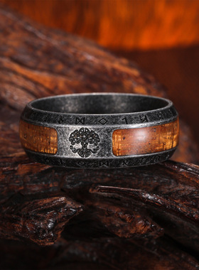 维京文字复古做旧世界树戒指男士个性欧美时尚生命树不锈钢指环