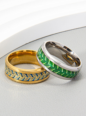 钛钢男士戒指个性设计树叶纹理