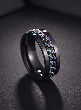 时尚不锈钢个性链条戒指男款转动指环不掉色旋转减压钛钢戒指素圈