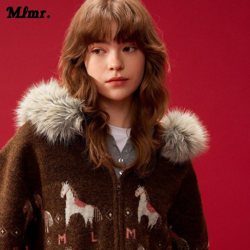 MLMR冬季新款百搭风可拆卸毛领含羊毛提花连帽针织衫毛衣男女 - 图0