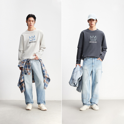 【假两件T恤】杰克琼斯男装春新款BSQ联名宽松长袖印花男士打底衫