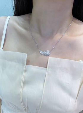 18k白金钻石羽毛项链女轻奢小众设计感锁骨链送女友礼物 定制项链