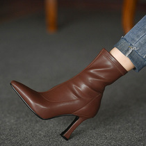 ACNEins style elegant wind ~ brown new pointed short boots female elastic fine heel high heel temperament women shoes