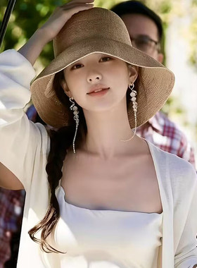 拉菲草帽女2026新款度假夏季防晒宽檐渔夫帽手工编织可折叠度假帽