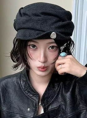 复古金属扣翘檐黑灰色报童马术帽子女秋冬文艺褶皱贝雷帽显脸小潮