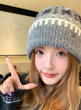 秋冬保暖显脸小费尔岛针织帽女