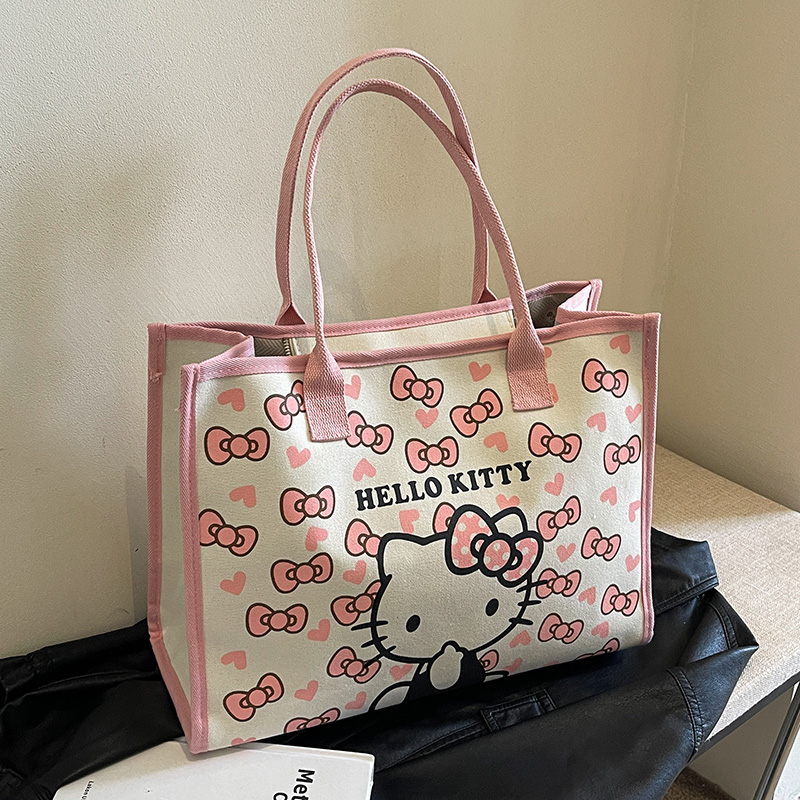 HelloKitty帆布包女大容量可爱卡通kt猫手提袋学生装书通勤托特包-图0