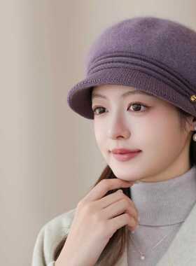 秋冬新款女士针织贝雷帽短檐报童帽羊毛质感气质百搭显脸小妈妈帽