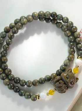 天然老绿檀木佛珠手串檀香九尾狐