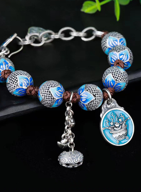 38.4克S925纯银烧蓝手工原创设计复古手链民族风格珠子手串