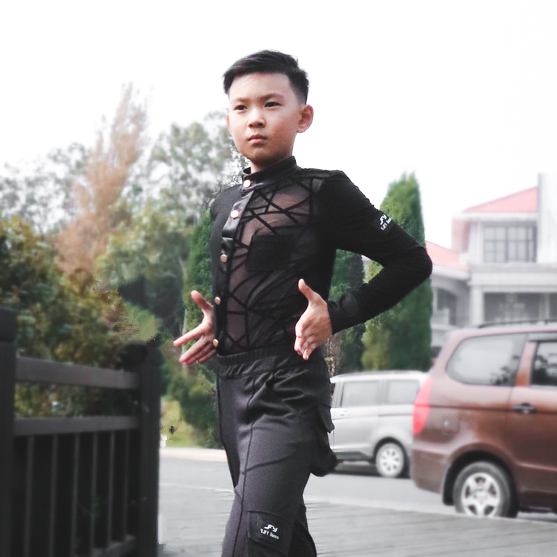 又见梵羽少儿拉丁舞蹈服植绒网纱长袖连体衣儿童摩登上装BY350新 - 图0