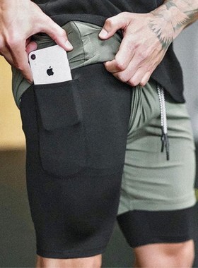 Men's Running Shorts Sports Jogging Gym pants 黑色双层短裤男