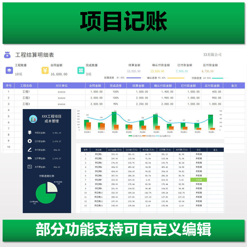 项目管理系统Excel表格工程进度甘特图日周月计划报表记账统计汇