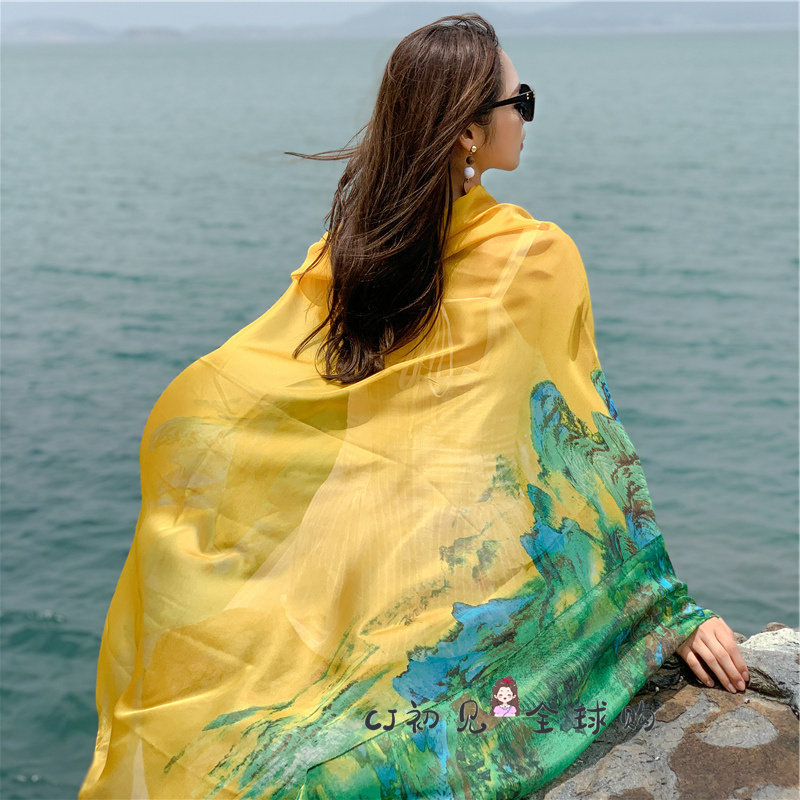 日本zd云纹纱包头夏季薄款防晒丝巾纱巾外搭披肩大围巾海边沙滩巾