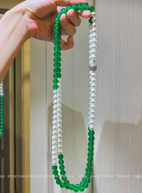 天然绿玉髓施家珍珠项链女