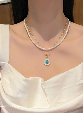 爆款绿松石项链女双层叠戴小众气质百搭高级感设计珍珠锁骨链百搭