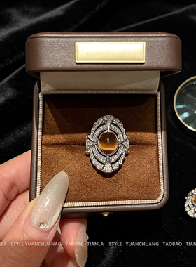 虎眼石戒指女重工满钻高级感