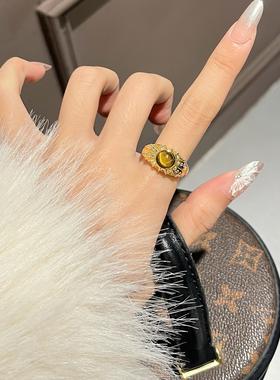 中古风拉丝虎眼石戒指女