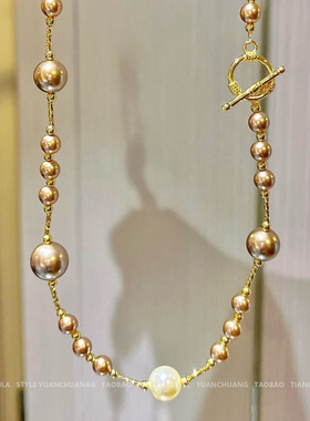 摩卡金色珍珠项链女叠戴毛衣链