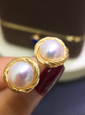 法式手作鸟巢珍珠耳钉保色金线