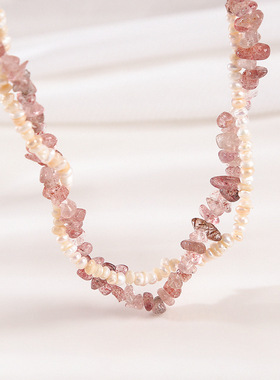 草莓晶珍珠项链女款粉色系叠戴