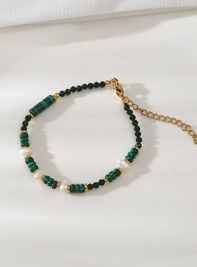 孔雀石转运珠淡水珍珠项链女款