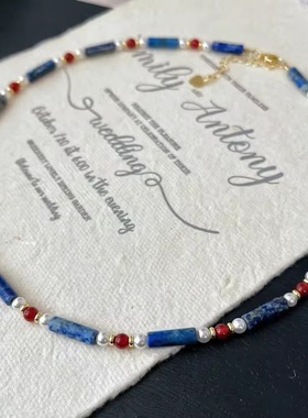 天然青金石淡水珍珠红玛瑙项链女款轻奢小众高级感锁骨链毛衣链