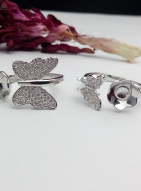 925银镀白金蝴蝶图案蓝珀珠戒托