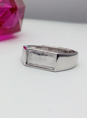 s925纯银镀白金 封底  小戒面 男款 活口 戒指托 戒指空托 5*10