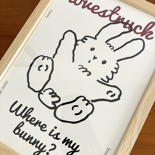 黑白线条兔子情绪插画治愈风卧室书房装饰画自粘油画布画芯不含框 - 图2
