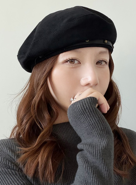 麂皮绒贝雷帽女秋冬气质时尚铆钉