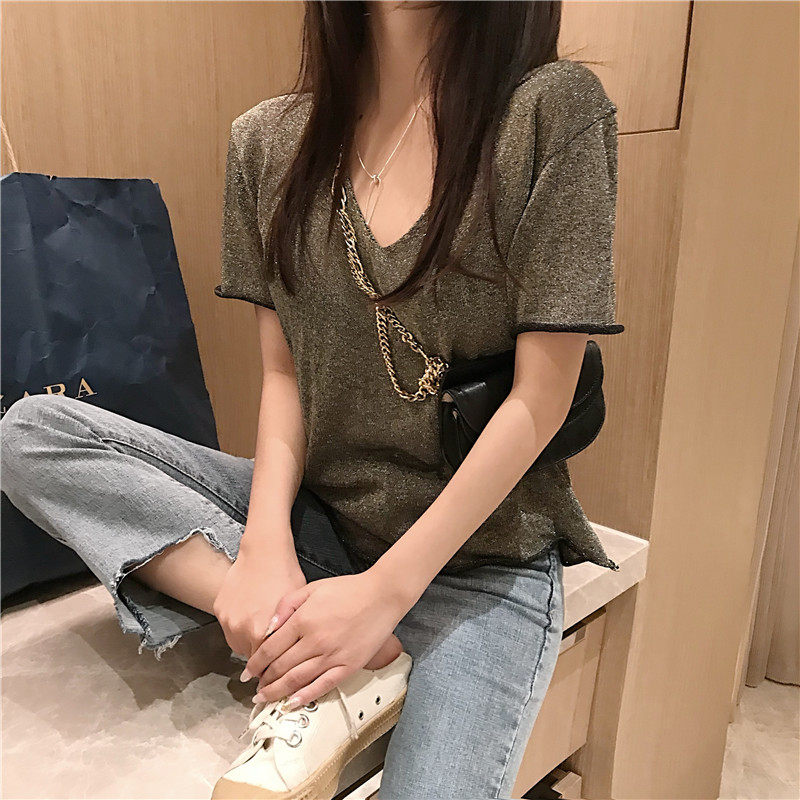 港味bling闪闪亮针织v领女打底衫 谷蝶服饰蕾丝衫/雪纺衫