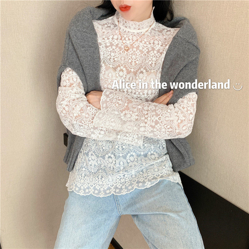 蕾丝2020秋冬新款洋气网纱长袖小衫 谷蝶服饰蕾丝衫/雪纺衫