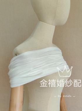 金禧婚纱配饰白色亮丝褶皱抹胸婚纱礼服配饰一字肩新娘礼服柔软