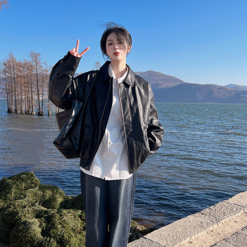 小个子2023新款黑色短款美式机车服 问梦皮衣