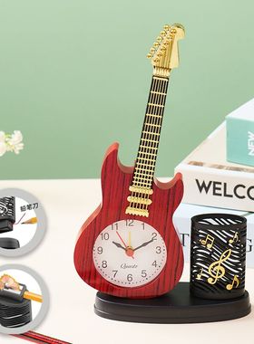 欧式闹钟笔筒个性创意电子石英提琴儿童家居钟表跳秒客厅装饰台钟