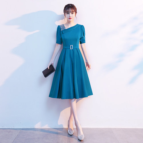蓝色晚礼服女平时可穿气质宴会高端婚礼喜婆婆妈妈婚宴装连衣裙 - 图1