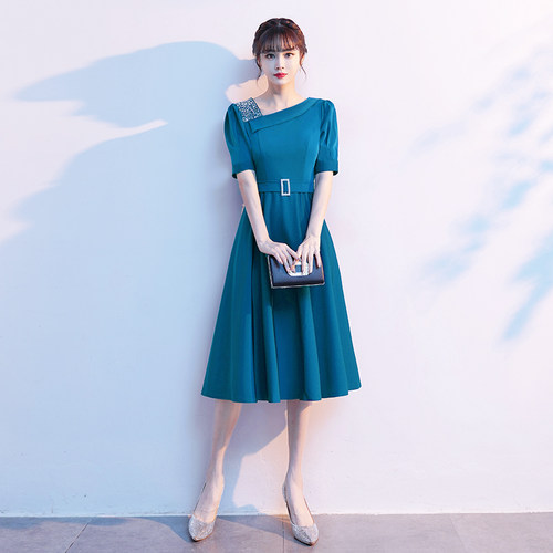 蓝色晚礼服女平时可穿气质宴会高端婚礼喜婆婆妈妈婚宴装连衣裙 - 图0