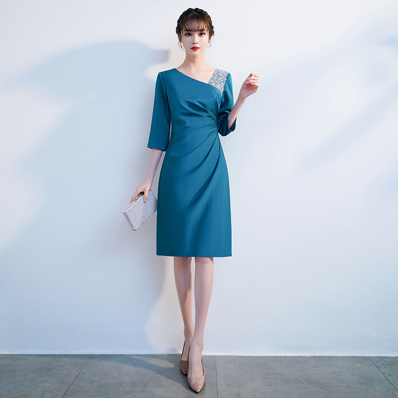蓝色晚礼服女高级感气质宴会高端婚礼妈妈婚宴装敬酒服连衣裙长袖 - 图1